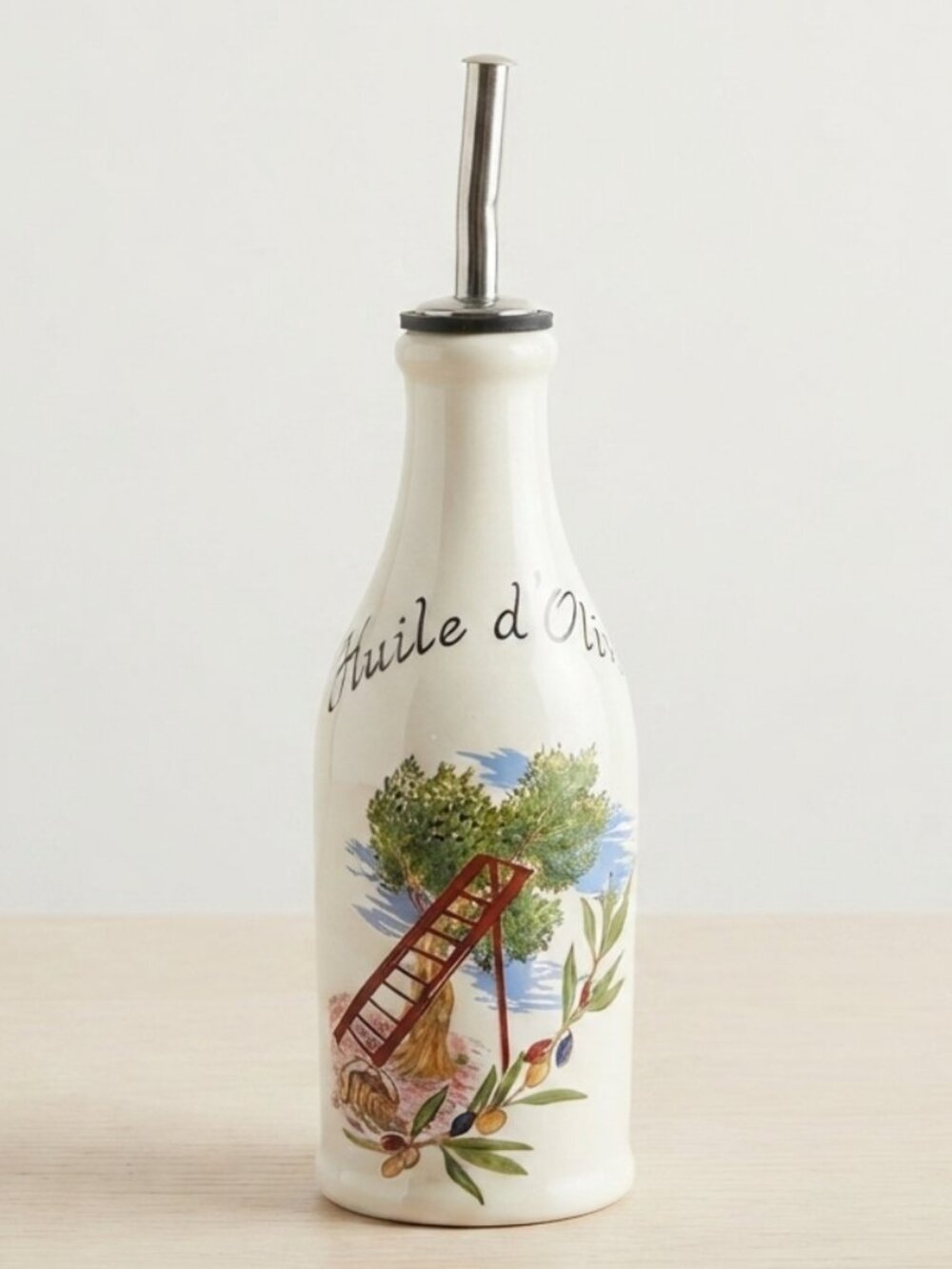 White Ceramic Huile d'Olive Oil Dispenser Bottle Olive Branch Pour Spout